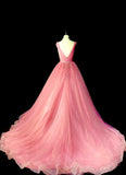 Modest Ball Gown V Neck Pink Tulle Long Prom Dresses Inspiration Party Gowns Princess Formal Dress HZ0311