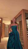 Simple A line Strapless Teal Satin Inspiration Sleeveless Long Prom Dresses Wedding Guest Dress Classy Prom Gowns HZ0311