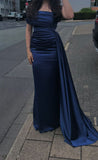Elegant Mermaid Off The Shoulder Navy Blue With Pleated Sleeves Long Formal Prom Evening Dress Dinner Outfits Party Gowns HZ0311