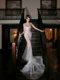 Luxurious Wedding Dresses Mermaid Scoop Neck With Beads Crystals Silver Sequin Bride Dress For Brides Fitted Bridal Gown HZ0311
