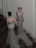 Luxurious Wedding Dresses Mermaid Style With Beaded Crystals Bodice Silver Sequin Bride Dress For Brides Fitted Bridal Gown HZ0311