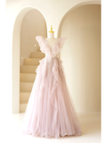 Cute A Line V Neck Pink Tulle Long Prom Dresses Impress 18th Birthday Outfits Prom Gown HZ0311