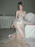 Sparkly Mermaid Sweetheart Champagne Slit Prom Dress Aesthetic Long Graduation Evening Outfits HZ0311