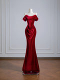 Romantic Mermaid Off The Shoulder Red Satin Long Prom Dresses Impress 18th Birthday Outfits Party Gown HZ0311