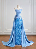 Luxurious Mermaid Strapless Blue Satin With Sequins Prom Dresses Long Evening Formal Birthday Party Gowns HZ0311