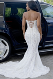 Dazzling Strapless White Sequin Mermaid Prom Dresses Column Long With Beads HZ0311