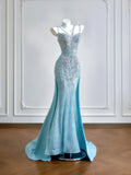 Luxurious Mermaid Spaghetti Strap Blue With Silver Beaded Prom Dresses Long Evening Formal Birthday Party Gowns HZ0311
