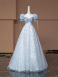 Fairytale Ball Gown Sweetheart With Puffy Sleeves Blue Tulle Long Formal Evening Dress Formal Birthday Gowns Prom Dresses HZ0311