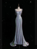 Sexy Prom Dress Women Square Collar Bead Tassel Long Zipper High Slit Mermaid Sequined Glitter Formal Dance Evening Party Gowns HZ0311