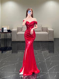 Modest Mermaid Off The Shoulder Wine Red Sequin With Ruffles Slit Long Prom Dresses Night Formal Dresses HZ0311