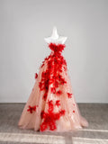 Cute Ball Gown Strapless Red Floral Sleeveless With Applique Pink Tulle Long Quinceanera Dresses Sweet 15 16 Birthday Outfit HZ0311