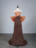 Cute A Line Strapless Brown Sequins Senior Prom Dresses High School Long Formal Dress HZ0311