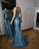 Blue Mermaid Spaghetti Straps Satin Long Appliques Prom Dress With Lace HZ0311