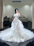 Classic Mermaid Wedding Dresses Strapless Sequin White With Feathers Brides Dress Summer Bridal Gowns HZ0311