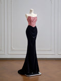 Flattering Mermaid Strapless Pink Satin With Velvet Black Prom Dresses Long Evening Formal Birthday Party Gowns HZ0311