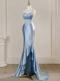 Vintage Sky Blue Applique Sequin Sheath Sweetheart Satin Evening Gown Spaghetti Strap Party Dress Slit Ruffled Long Formal Dress HZ0311