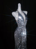Glittery Mermaid Halter Grey Sequins Long Prom Dresses Evening Outfits Formal Dress HZ0311