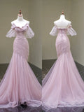 Modest Mermaid Spaghetti Strap Pink Sleeveless Tulle Long Prom Dress For Women Girls Evening Dresses HZ0311