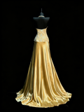 Modest A line Halter Gold Satin College Formal Outfit Long Prom Graduation Dresses For Teens HZ0311