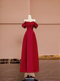 Gorgeous A line Off The Shoulder Burgundy Satin With Short Sleeves Formal Evening Dress Gowns Long Prom Dresses HZ0311