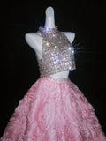 Princess Ball Gown 2 Pieces High Neck Silver Sequin Pink Floral Long Formal Evening Dress Formal 18th Birthday Gowns Prom Dresses HZ0311