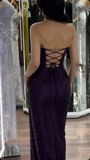 Unique Mermaid Strapless Dark Purple Sequin Split Prom Dresses Long Party Dress Birthday Outfits Prom Gown HZ0311