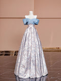 Gorgeous A line Off The Shoulder Blue With Sleeves Satin Formal Evening Dress Gowns Prom Dresses HZ0311