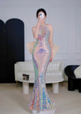 Modest Mermaid Halter Sequin Long Prom Dresses High School Teens Senior Graduation Dance Party Outfits HZ0311