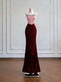 Romantic Mermaid Strapless Pink Top Satin Burgundy Velvet Long Prom Dresses Impress 18th Birthday Outfits Party Gown HZ0311