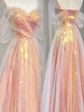 Gorgeous A line Off The Shoulder Pink Sequined With Short Sleeves Formal Evening Dress Gowns Long Prom Dresses HZ0311