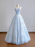 Timeless Ball Gown Strapless Light Sky Blue Tulle Long Prom Dresses Inspiration Party Gowns HZ0311