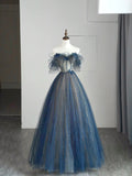 Modest Ball Gown Off The Shoulder Blue Tulle College Formal Sweet 16 Outfit Long Prom Dresses For Teens HZ0311