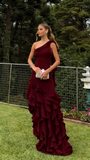 Simple Mermaid One Shoulder Light Sky Blue Chiffon With Ruffles Long Prom Dresses Impress Wedding Guest Dress Party Gown HZ0311