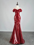 Gorgeous Burgundy Off The shoulder Mermaid Sequin With Short Sleeves Formal Evening Dress Gowns Prom Dresses HZ0311