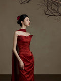Simple Mermaid Sweetheart With Scarf Burgundy Satin Long Prom Dresses Formal Gowns Inspo Evening Outfit HZ0311