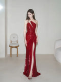Simple Mermaid One Shoulder Burgundy Sequin Long Prom Dresses Formal Gowns Inspo Evening Outfit HZ0311
