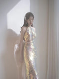 Simple Mermaid Scoop Sequin Long Prom Dresses With Bow Formal Gowns Inspo Evening Outfit HZ0311