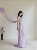 Charming Mermaid Strapless Lilac Slit Long Evening Prom Dresses Floor Length Evening Formal Dress HZ0311