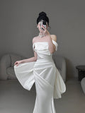 Classic Mermaid Wedding Dresses Off The Shoulder Satin White With Short Sleeves Brides Dress Summer Bridal Gowns HZ0311