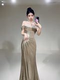 Glitter Mermaid Off The Shoulder Sequin Long Prom Dresses Champagne Formal Gowns Inspo Evening Outfit HZ0311