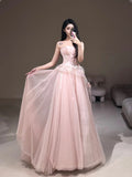 Sweet Ball Gown Strapless Pink Tulle With Lace For Women Party Dress Long Formal Prom Dresses 22th Birthday Outfits HZ0311