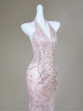 Classy Mermaid Halter Pink Sequin For Senior Teens Girls People Long Prom Dresses Formal Dress 20th Birthday Outfits HZ0311