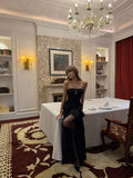 Simple Mermaid Strapless Black With Ruffles Satin Long Prom Dresses Inspo Semi Formal Gown HZ0311