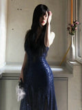Sexy Navy Blue V-neck Lace-Up Mermaid Long Prom Dress with Slit Formal Dress HZ0311