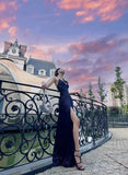 Sexy Navy Blue V-neck Lace-Up Mermaid Long Prom Dress with Slit HZ0311