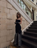 Vintage Mermaid Strapless Black Polka Dots Wedding Guest Dress Satin Long Prom Dresses Semi Formal Gown HZ0311