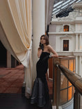 Vintage Mermaid Strapless Black Polka Dots Wedding Guest Dress Satin Long Prom Dresses Semi Formal Gown HZ0311
