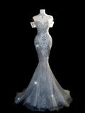 Fairytale Fantasy Art Wedding Dresses Mermaid Off The Shoulder Sequin With Beaded Bodice Long Brides Dress Fitted Bridal Gown HZ0311