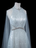 Elegnt A line High Neck Light Sky Blue Sequined Long Prom Dress Fashion Aesthetic High School Formal Dresses Party Outfits Gown HZ0311