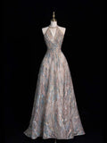Sparkly A line Halter Sequins Long Formal Evening Dress Gowns Long Prom Dresses HZ0311